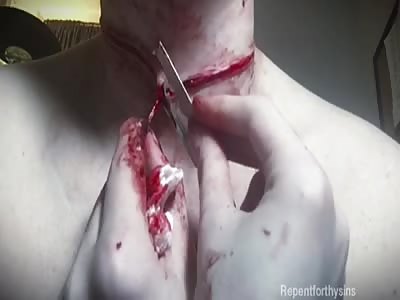 cuts a chunk skin out of throat