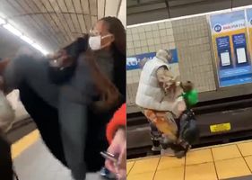 YOUNG WOMAN KICKS OLD WOMAN OFF TRAIN PLATFORM