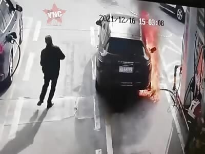 The moron set the car on fire at the gas station