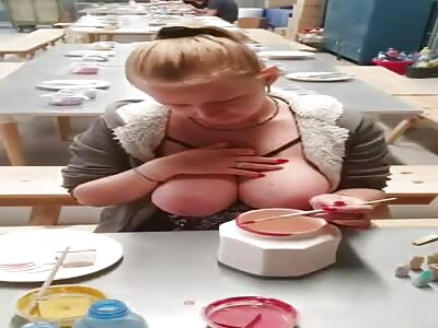 Horny busty Russian in a restaurant