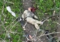 A direct hit to the face of a RU soldier by a drone dropped grenade