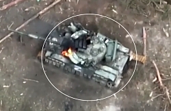 RU T-64BV is destroyed and artillery hits on a group of RU personnel