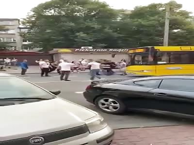 Bunch of idiots are run over by BUS