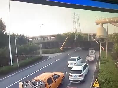 Freight truck crashes into moving train