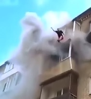 Amazing Video shows Family Jump from Burning Building and Caught Mid-Air by Good People 