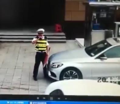 Why? Traffic guard lays down in front car and gets run over