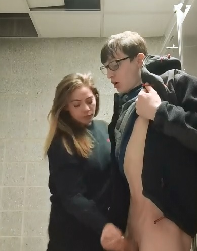 Girl Sucks and Jerks Off Stranger in Public Bathroom (Real) 