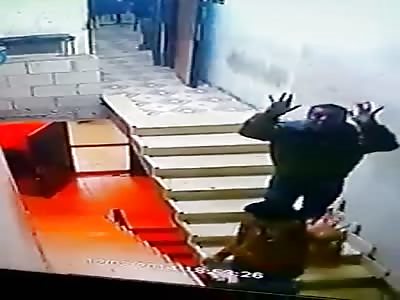 Idiots fall down a stairwell.