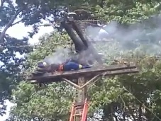Worker Electrocuted Frying and Sizzling on a Pole (w/zoom)