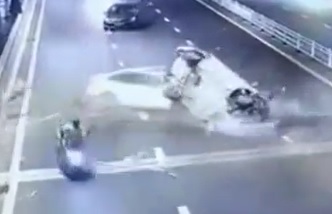 Rider thrown like a rag-doll and killed by the ricocheting car .