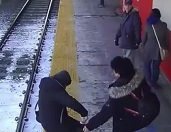 Stupid Drunk Girl Pushes Elderly Woman from Train Platform (2 Angles)