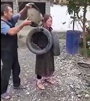 Asshole Abuse Wife with Tires and Gasoline.