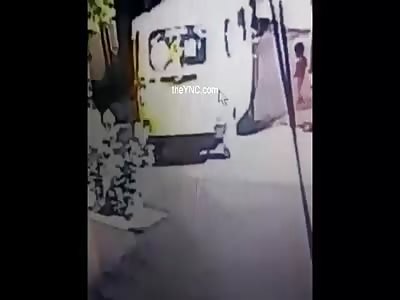 The child is crushed by a school bus.