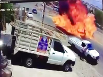 Gasoline Container Accident spills on full highway and burns in flames,