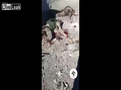 Aftermath of targeted airstrike on al nusra comander with his fellow rats