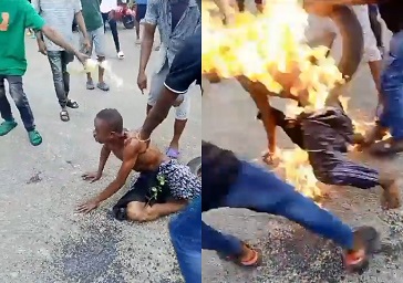 Suspected Thief Set Ablaze By An Angry Mob For Stealing Phone In Nigeria