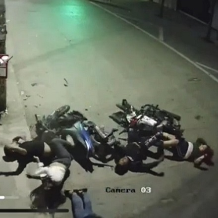 Motorcyclist Blind Themselves And Collide Dropping All 5 Riders Like Bowling Pins