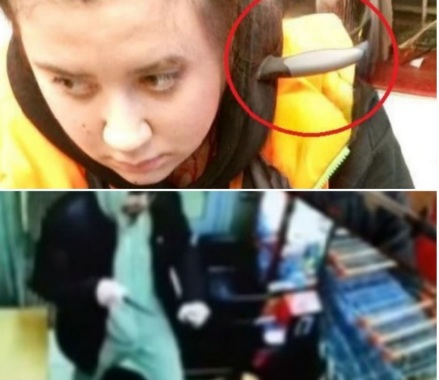 Psycho stuck a knife in the neck of a supermarket cashier.