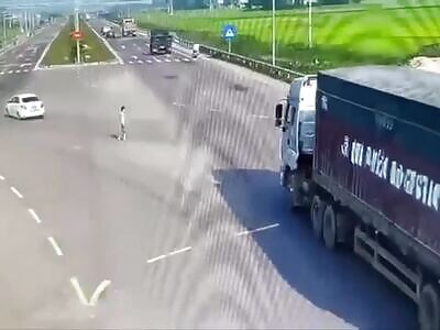 Depressed Man Throws Himself Under The Slow Moving Truck .