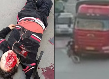 Chinese man on motorcycle crashed dead by truck 