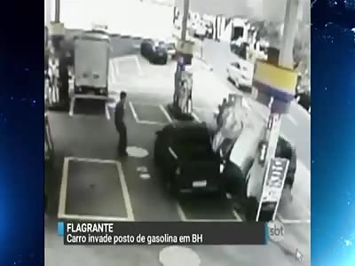 SPEEDING CAR CRASHES INTO GAS PUMP