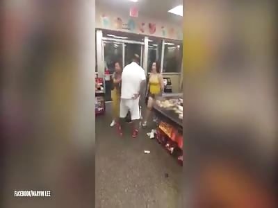 Family cause chaos in convenience store throwing food around as customer attacked 