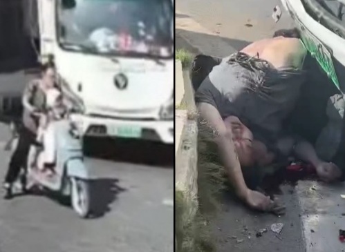 Chinese woman riding moped with her kid crashed dead by speedingtruck 