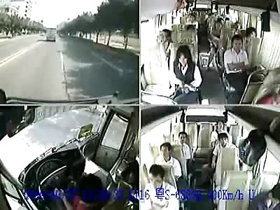 4 way view of flying asian on bicycle vs bus