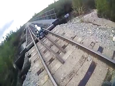 Motorcycle Falls Through Railroad Track! Some NSFW (but entirely appropriate) Language!
