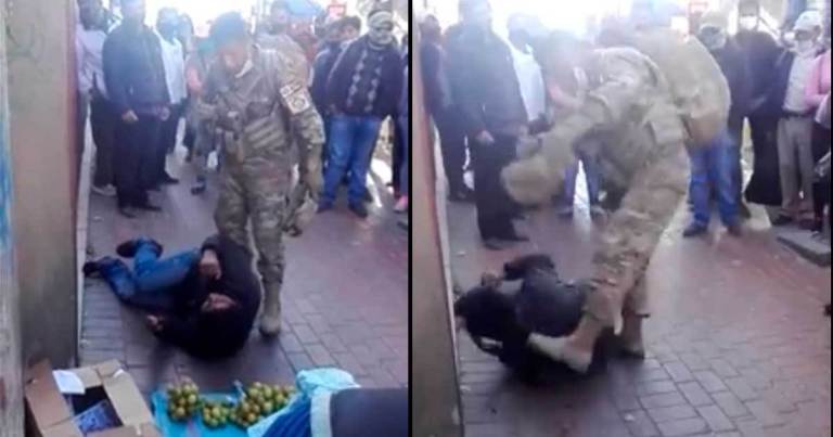 Bolivian Military Soldier Beating Thief after Assaulting Old Woman
