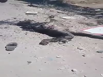 The shattered body of dead terrorist after car bombing 
