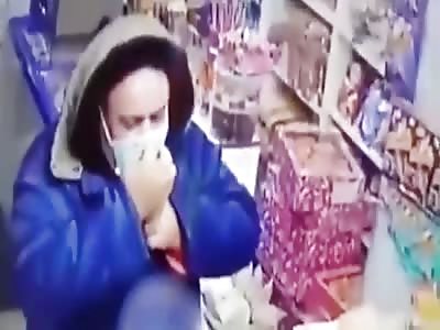 Angry Russian drunk gone crazy in liquor store 