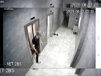 Russian drunk couple fighting in elevator and parking lot.