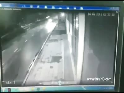Motorcyclist flies through the air after receiving a car blow
