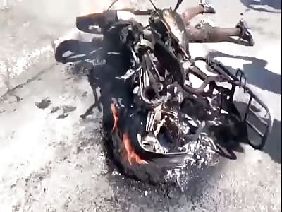 motorcyclist totally burned after accident
