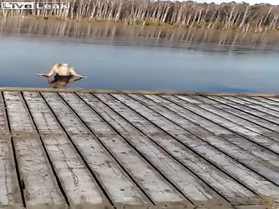 Stupid woman dives into freezing lake