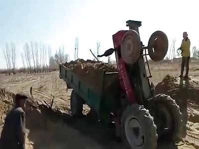 Horrible and sad family lying down on the tractor
