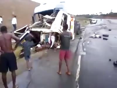 truck crashes into a bus lots of dead bodies 