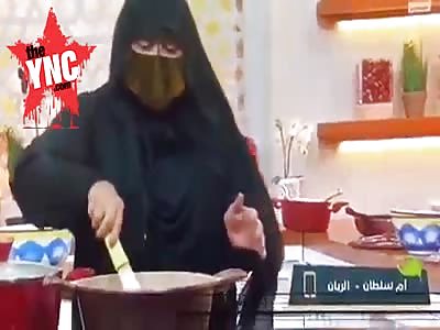 BURKA WOMAN ON COOKING SHOW NEARLY BURNS ALIVE LIVE ON UAE TV