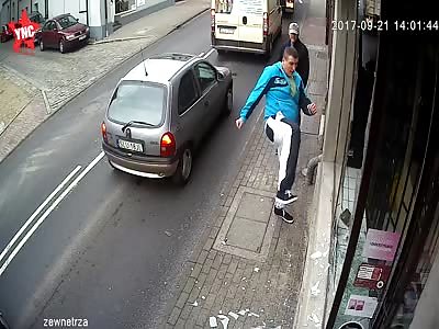 Instant Karma: a gangster from Poland destroys a shop window then gets run over