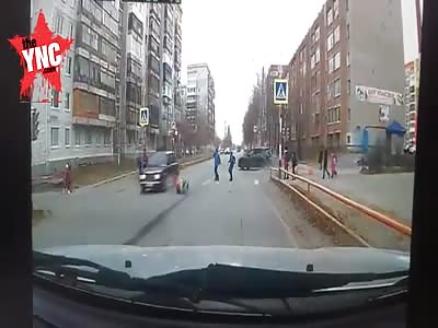 in Russia  young girl gets knocked down on the zebra crossing