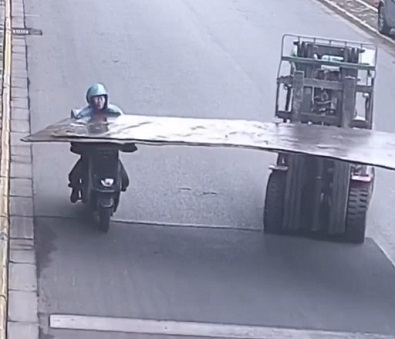 Forklift Load Almost Beheads Motorcyclist