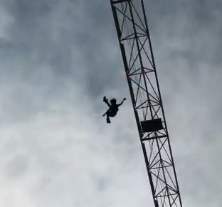 Homeless Man Free Falls Off Crane, Sticks Landing in Los Angeles, California (Different Angle)