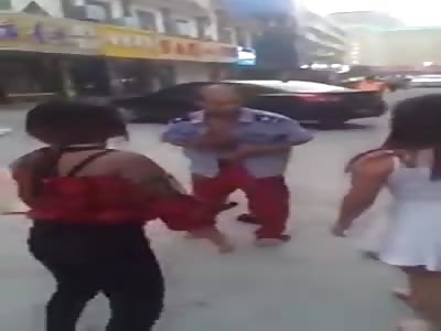 MAN TAKING OFF HIS PANTS TO FIGHT 3 GIRLS