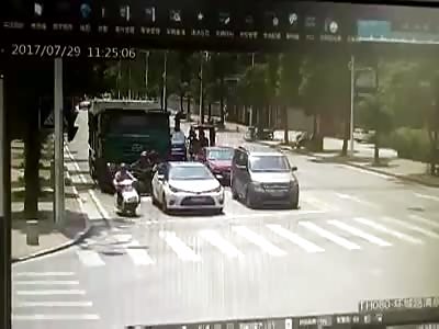 Rider and Passenger Gets Crushed by Big Truck