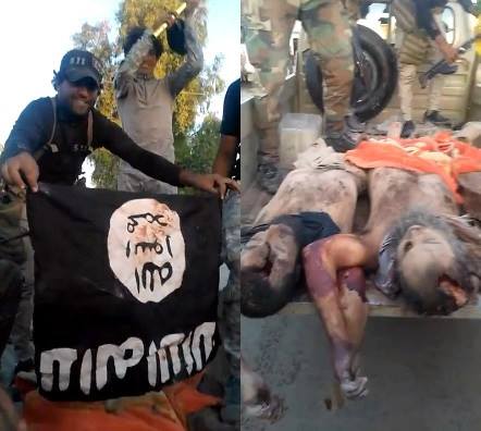Excited Syrian soldiers exhibit the butchery ISIS 