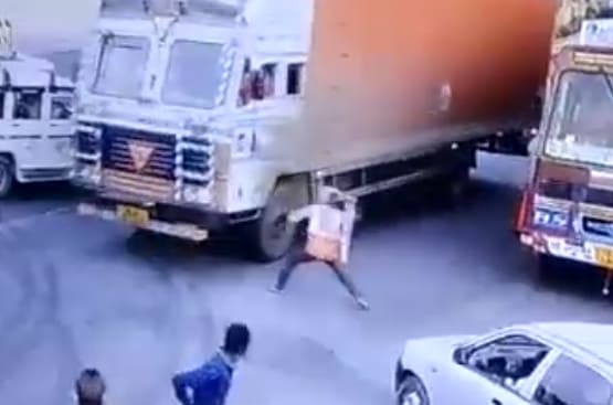 Road Worker Fails Attempting to Stop Truck