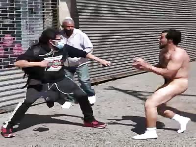 Naked crackhead protester fights other protesters on the street NYC