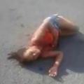 PRETTY GIRL IN ORANGE SHIRT AND DAISY DUKE SHORTS IS STABBED IN THE CHEST AGONIZING ON THE STREET