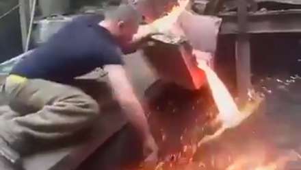 Moronic Worker Falls in Stream of Molten Metal